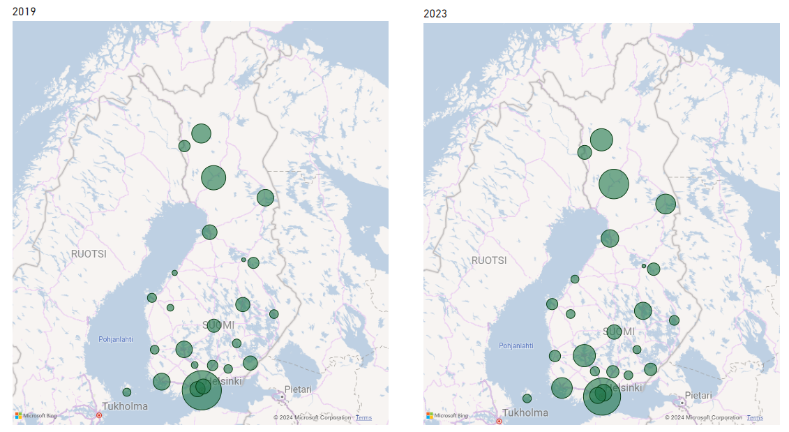 Kartta lyhytaikainen vuokramajoitus yöpymiset 2019 ja 2023.PNG